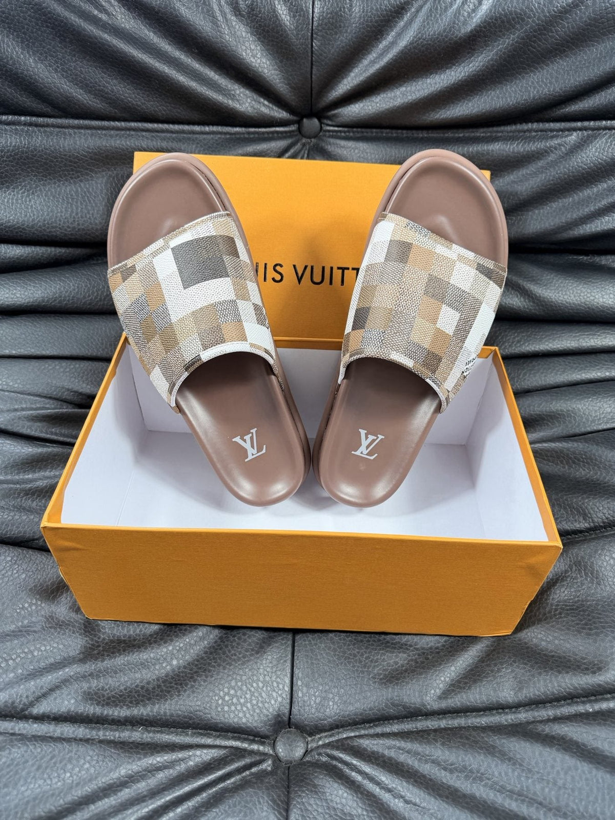 Louis Vuitton Slate Blue Checkered Slide Sandals — front