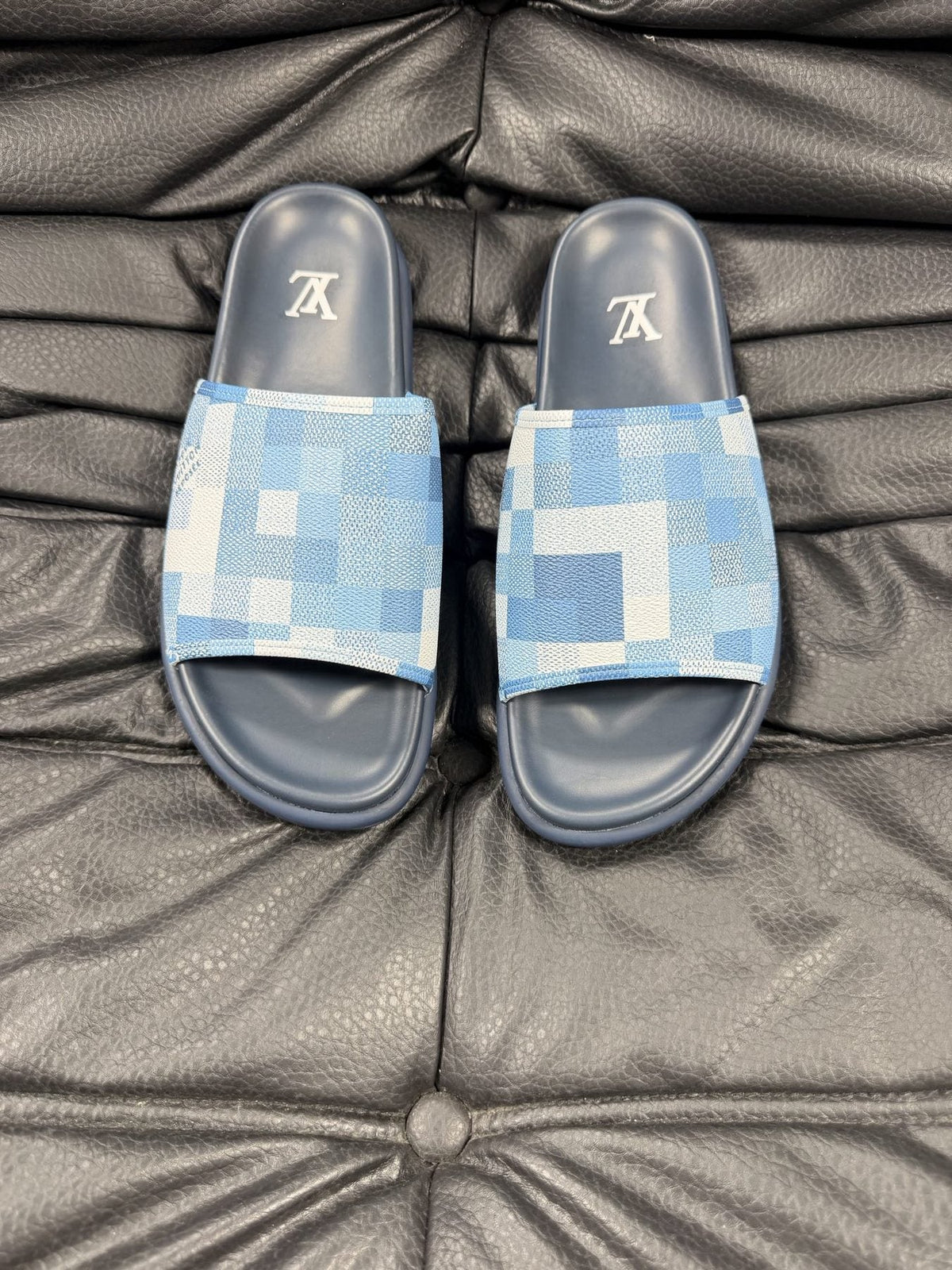 Louis Vuitton Slate Blue Checkered Slide Sandals — front