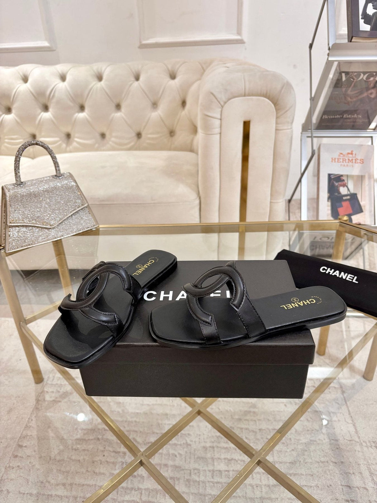 Chanel Embossed Logo Slide Sandals — front