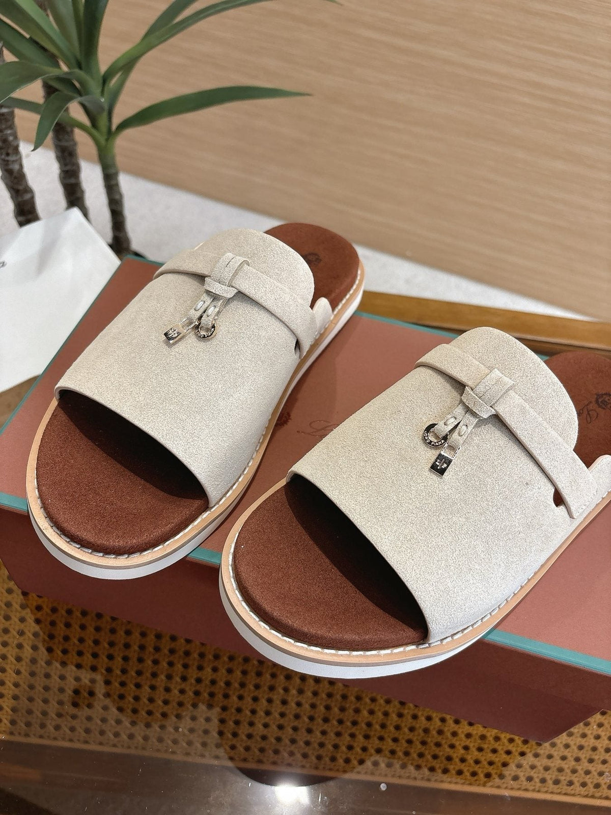 Loro Piana Navy Blue Crisscross Slide Sandals — side