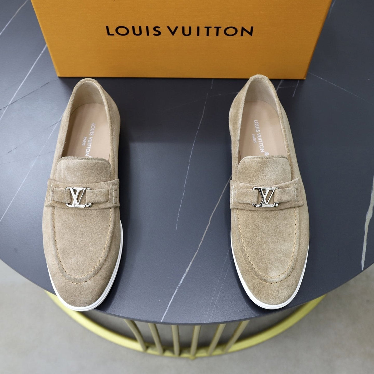 Louis Vuitton Suede-Like Metal Hardware Loafers — front