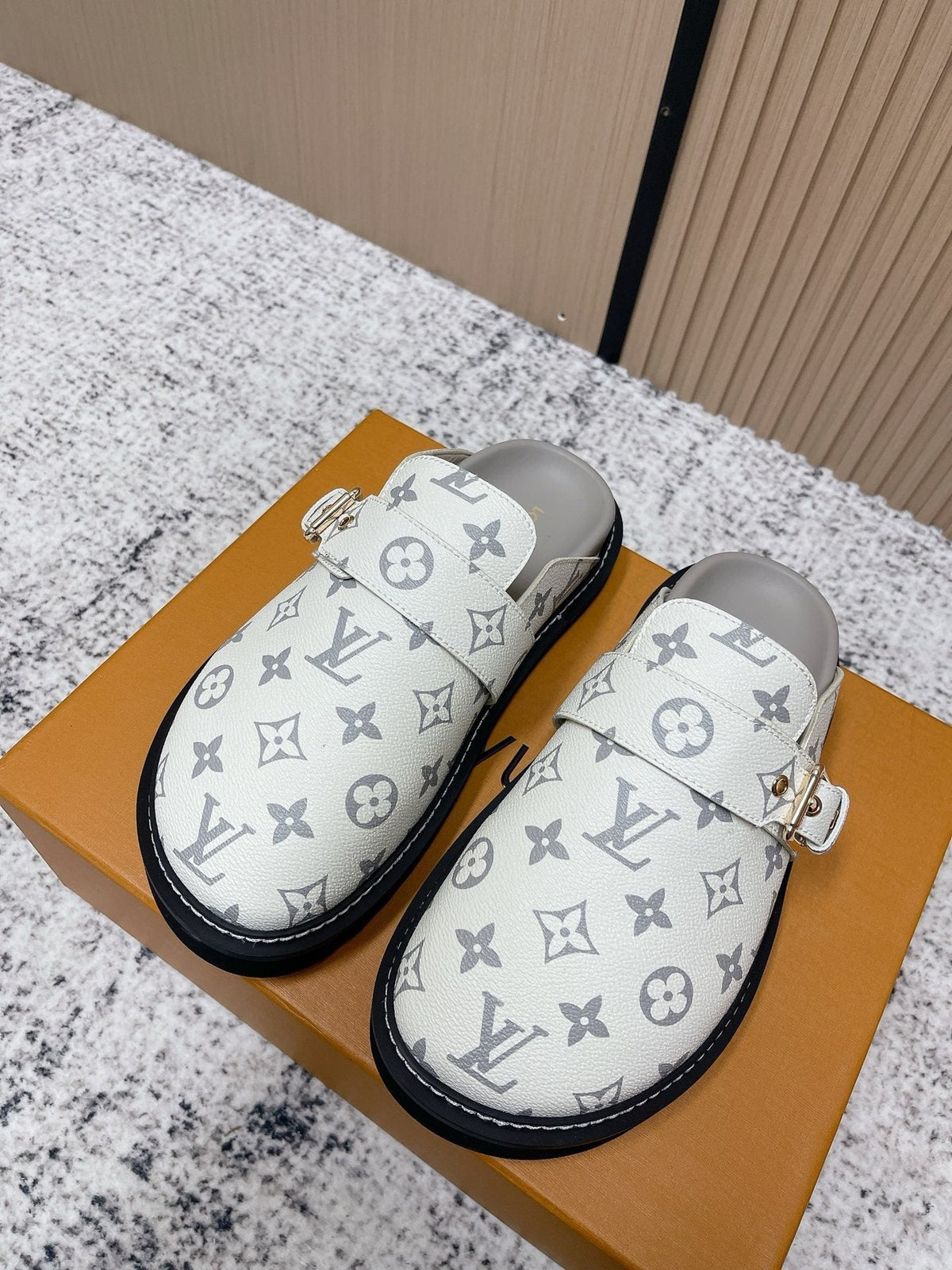 Louis Vuitton Monogram Buckle Clog Sandals — front