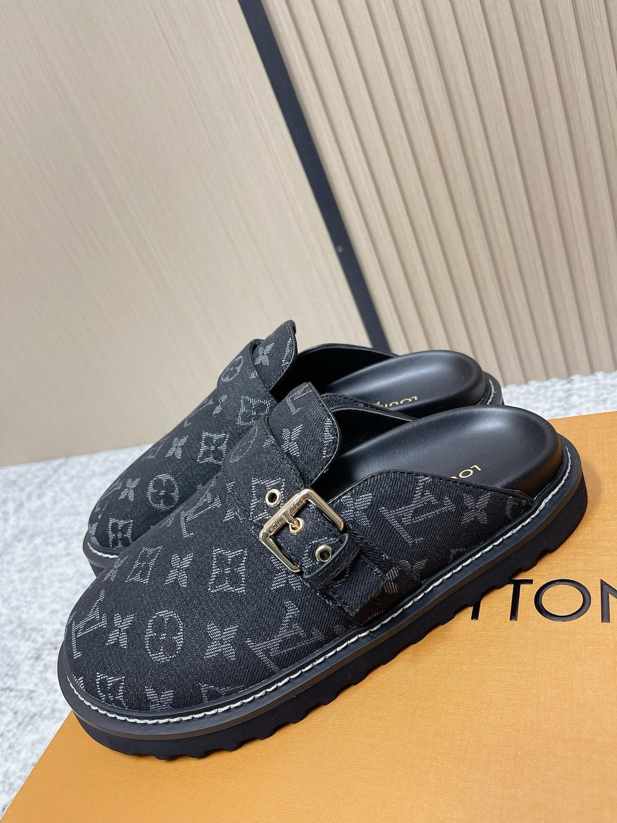 Louis Vuitton Monogram Buckle Clog Sandals — front