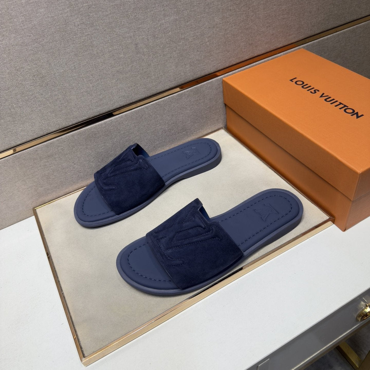 Louis Vuitton Embossed Strap Slide Sandals — front