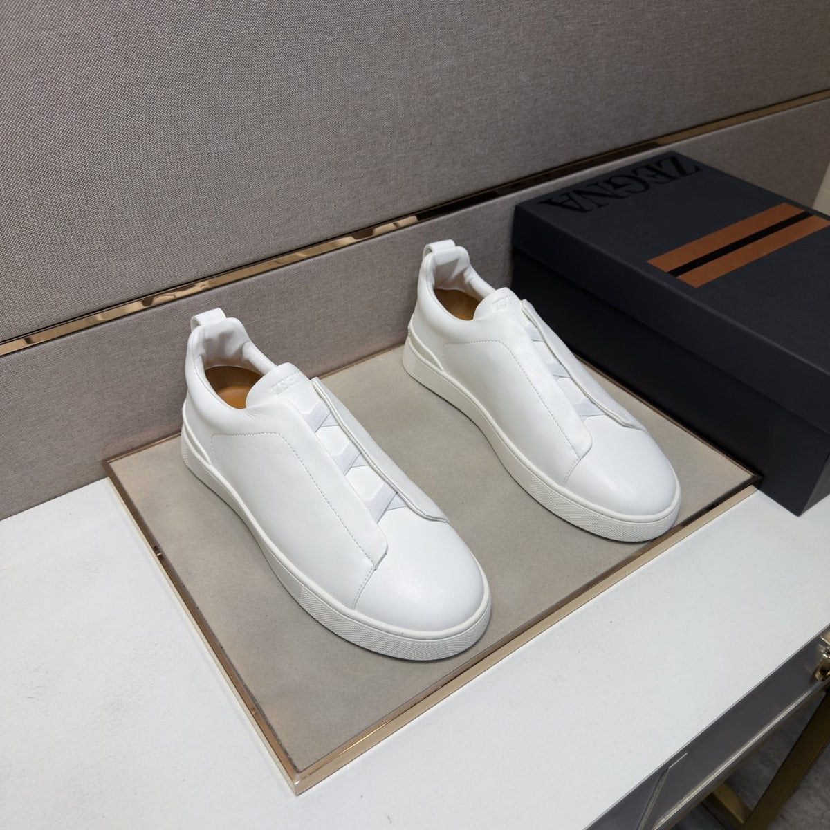 ZEGNA Brown Leather Slip-On Sneakers — front