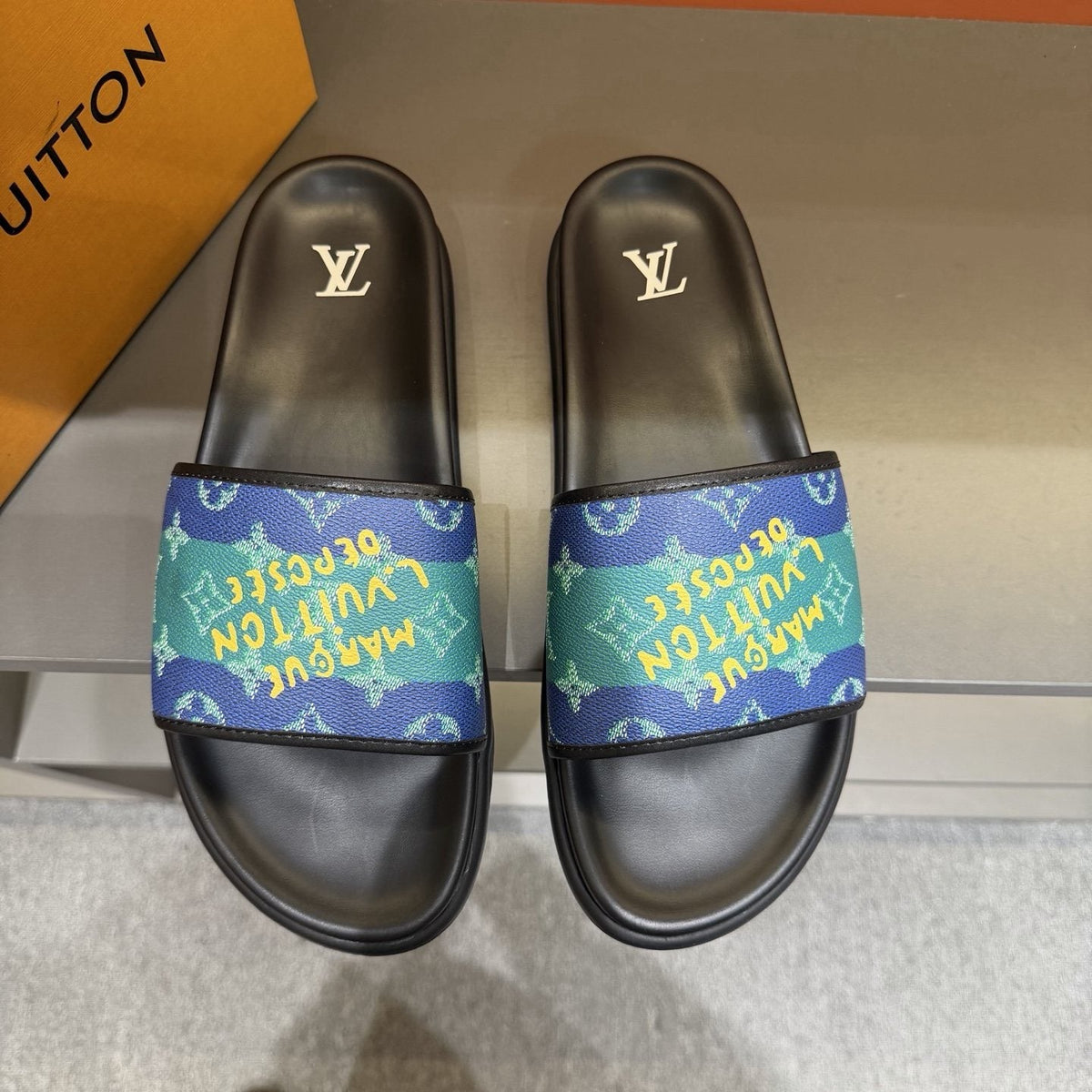 Louis Vuitton Multicolor Logo Slide Sandals — front