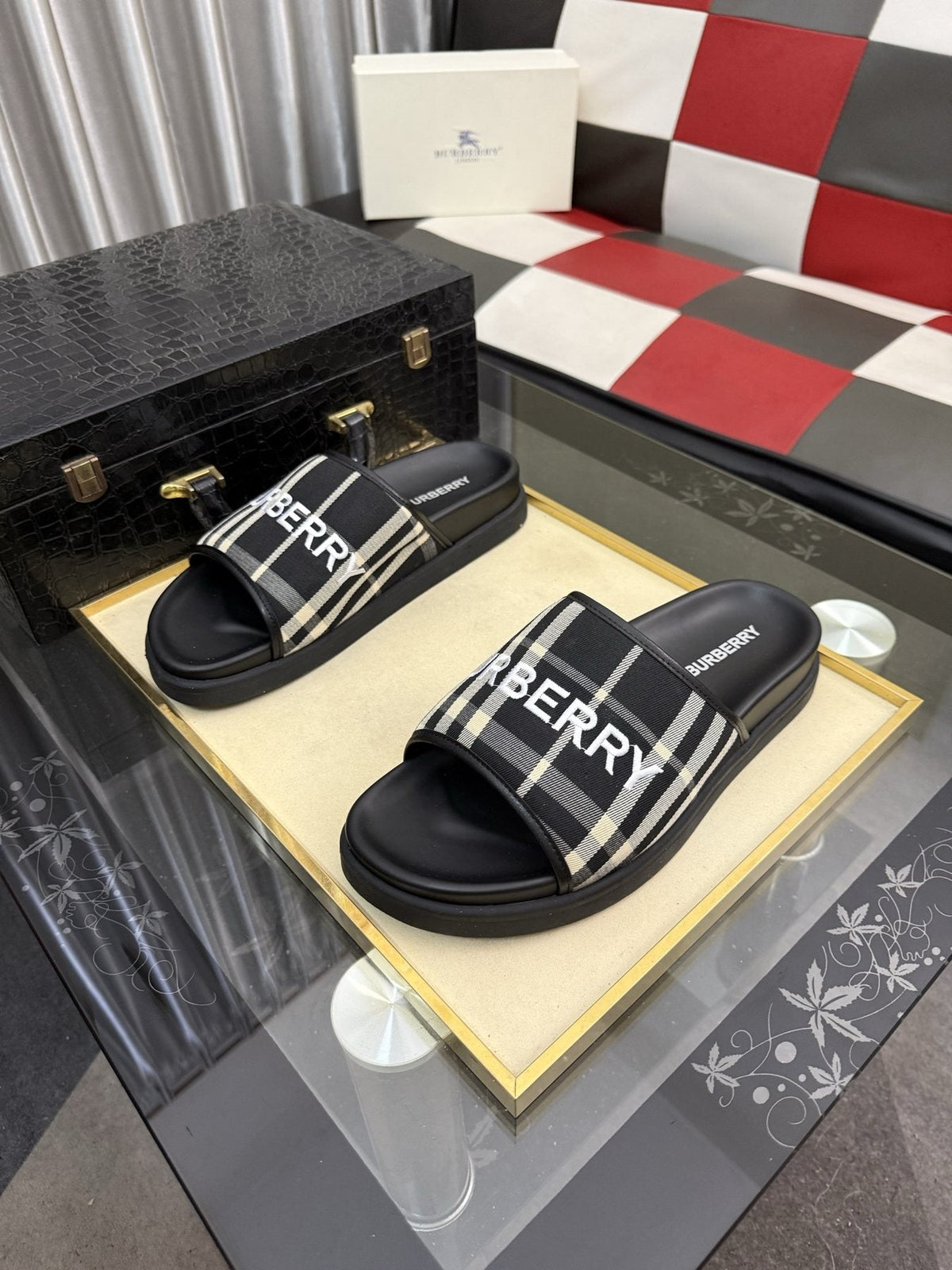 Burberry Check Logo Slide Sandals — front