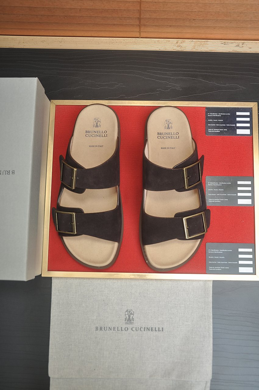 Brunello Cucinelli Tan Double-Buckle Slide Sandals — front