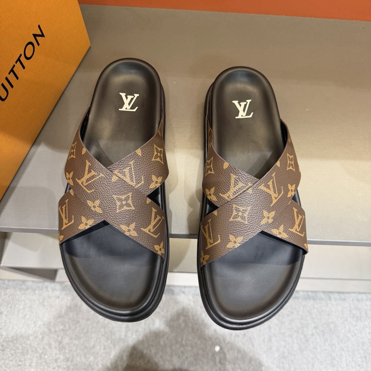 Louis Vuitton Light Gray Crossover Slide Sandals — front