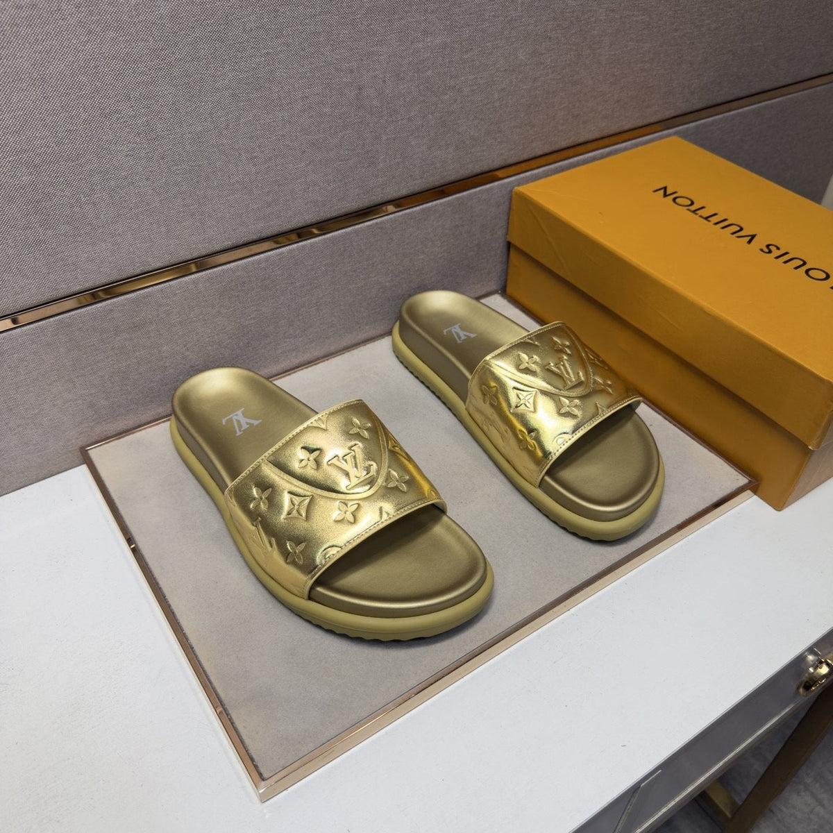 Louis Vuitton Embossed Strap Slide Sandals — front