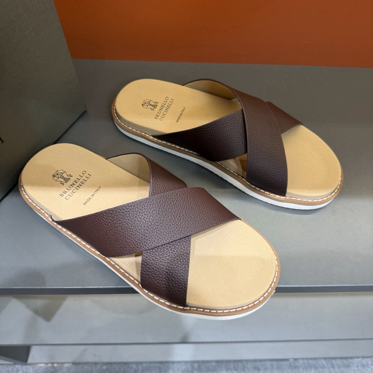 Brunello Cucinelli Cross-Strap Slide Sandals — front