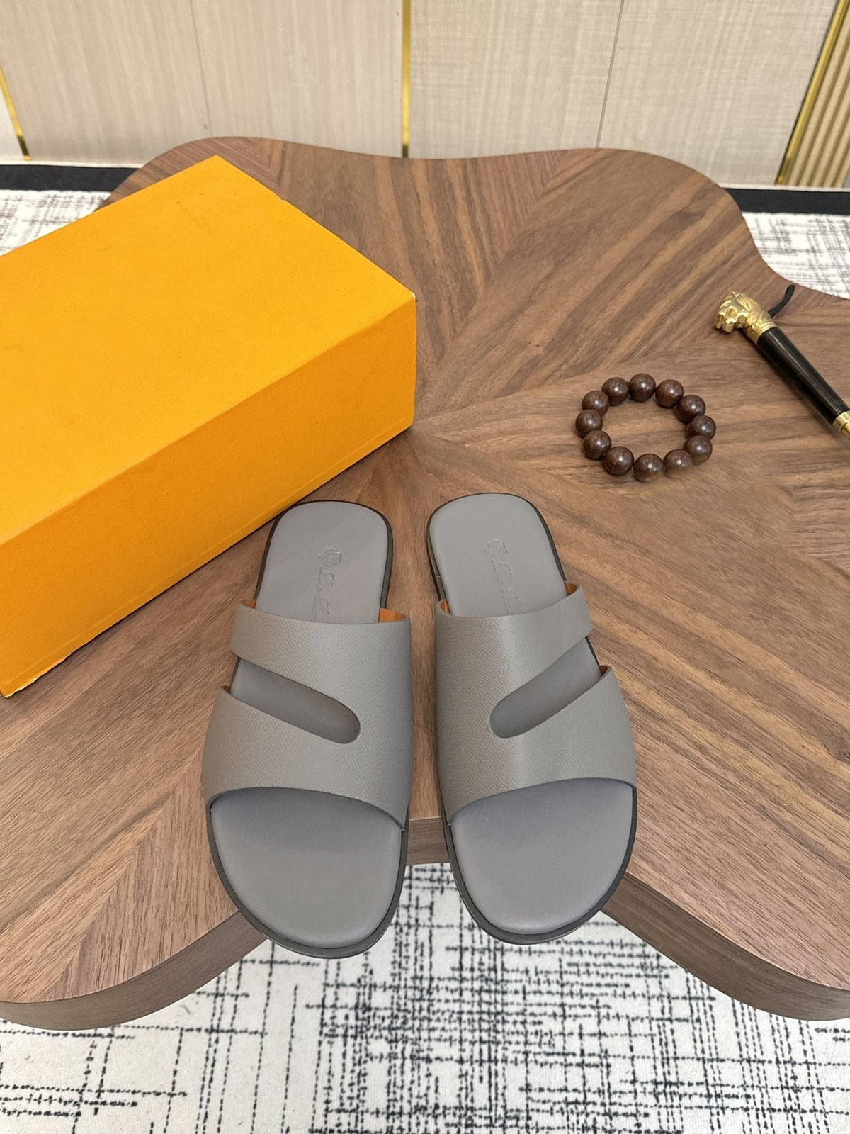 Loro Piana Dark Green Two-Strap Slide Sandals — front