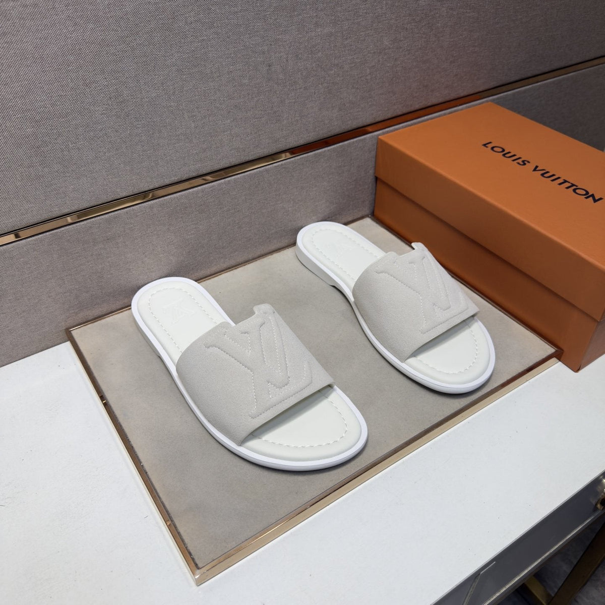 Louis Vuitton Embossed Strap Slide Sandals — front
