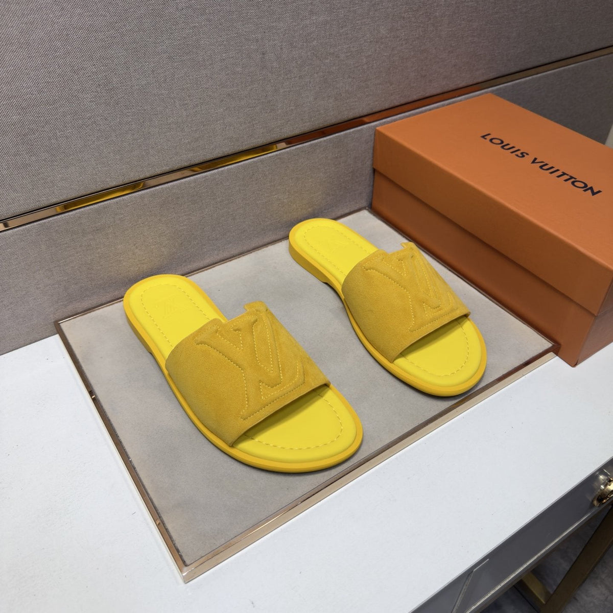 Louis Vuitton Embossed Strap Slide Sandals — front