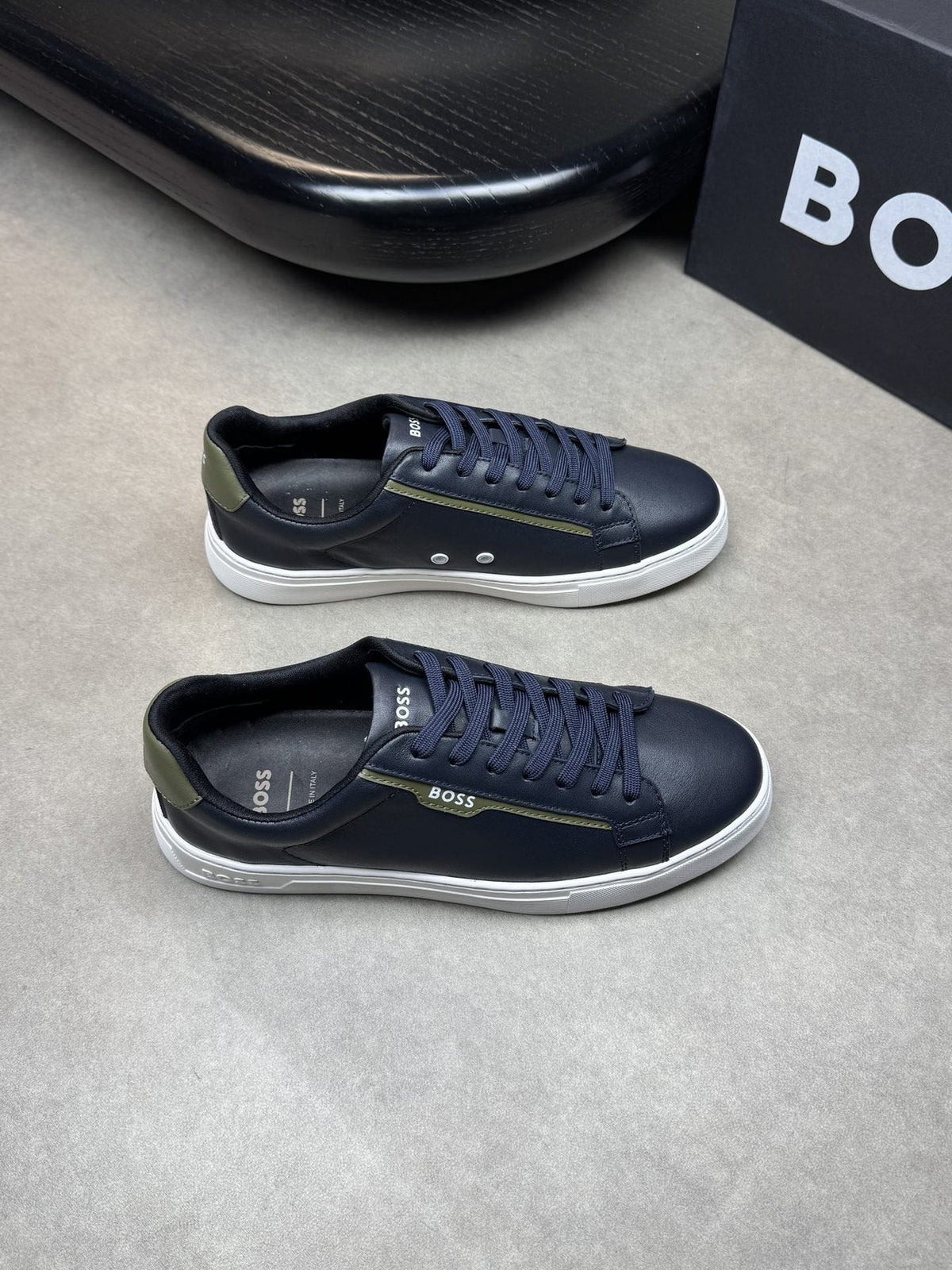 BOSS White Green Low-Top Sneakers — front