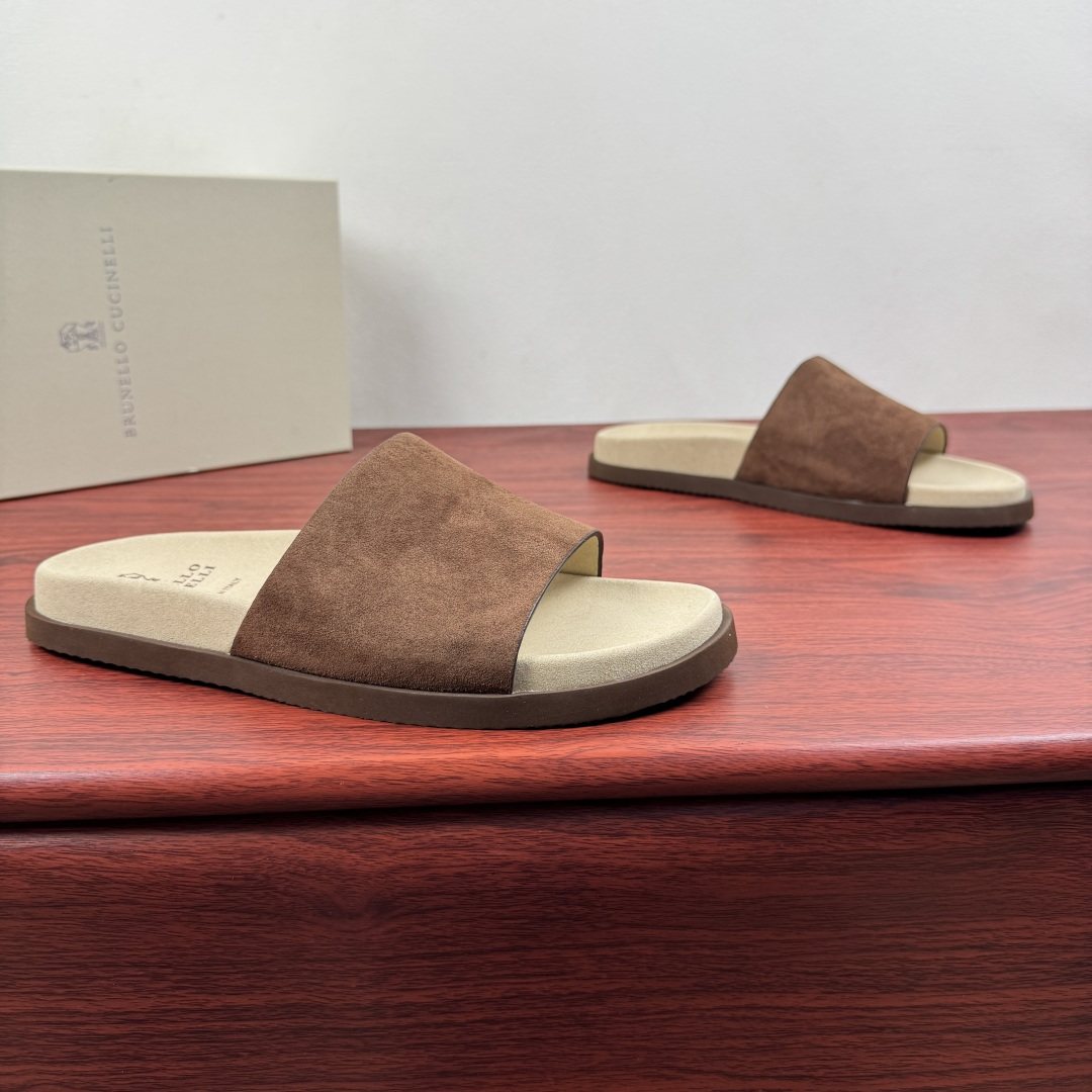 Brunello Cucinelli Suede Slide Sandals — front
