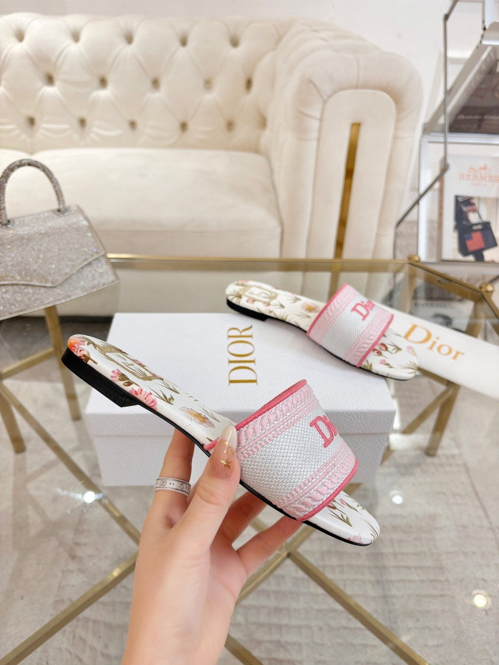 Dior Floral Print Slide Sandals — model