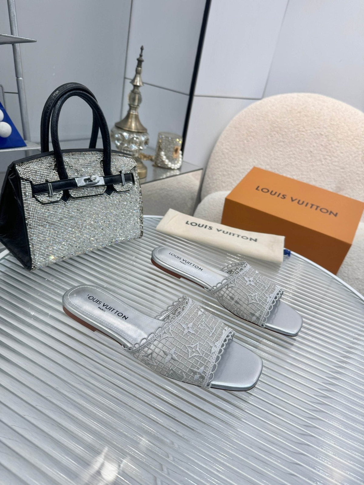 Louis Vuitton Woven Open-Toe Slide Sandals — front