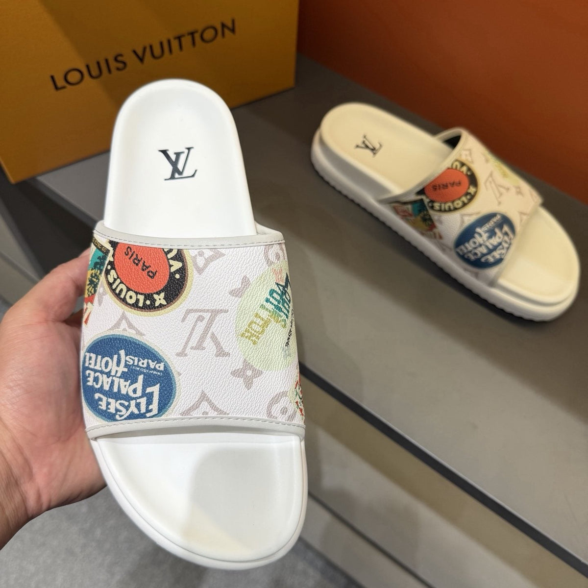 Louis Vuitton Colorful Print Slide Sandals — model